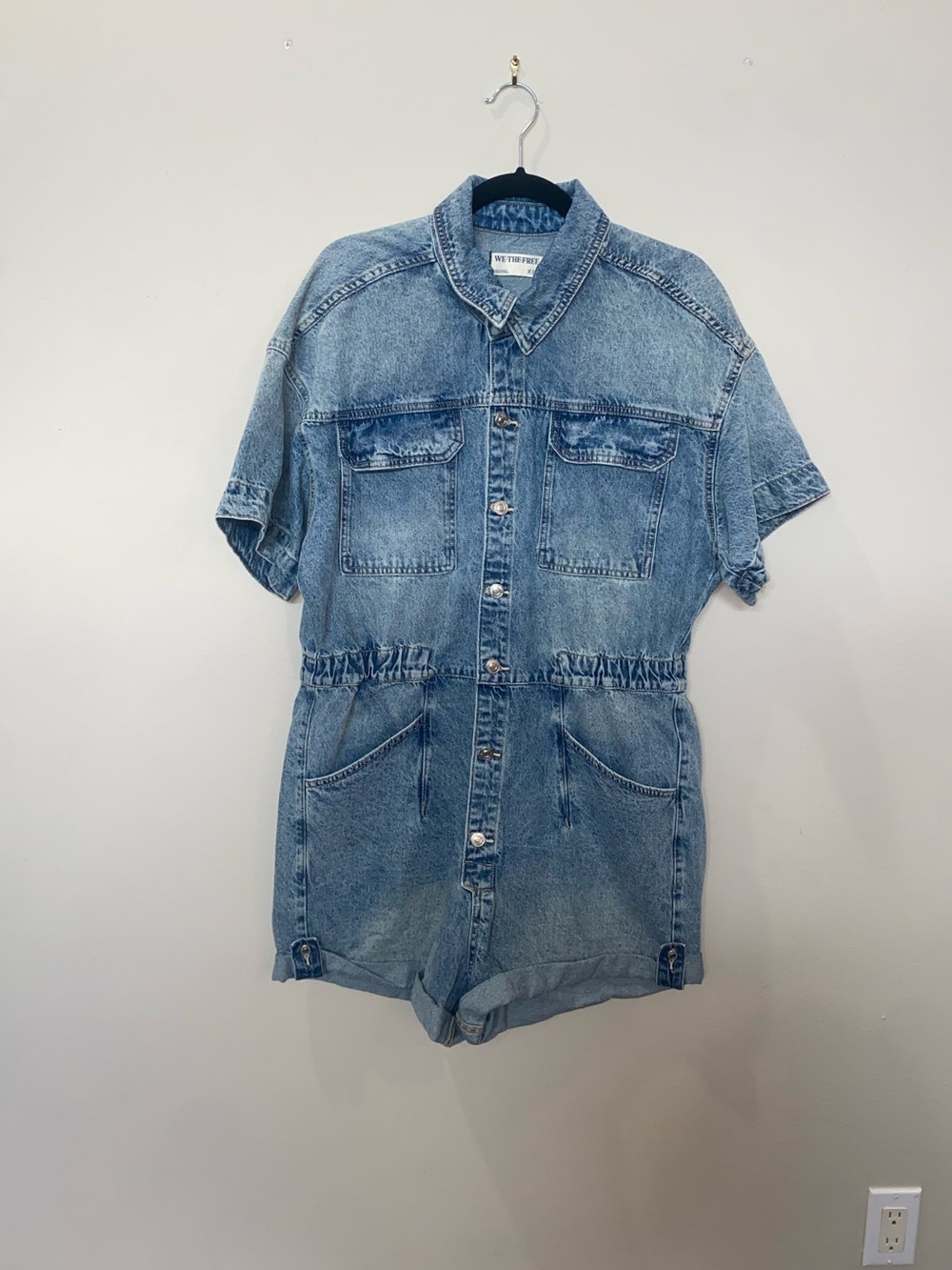 Free People Vintage Style Light Blue Acid Wash Denim Short Sleeve Romper